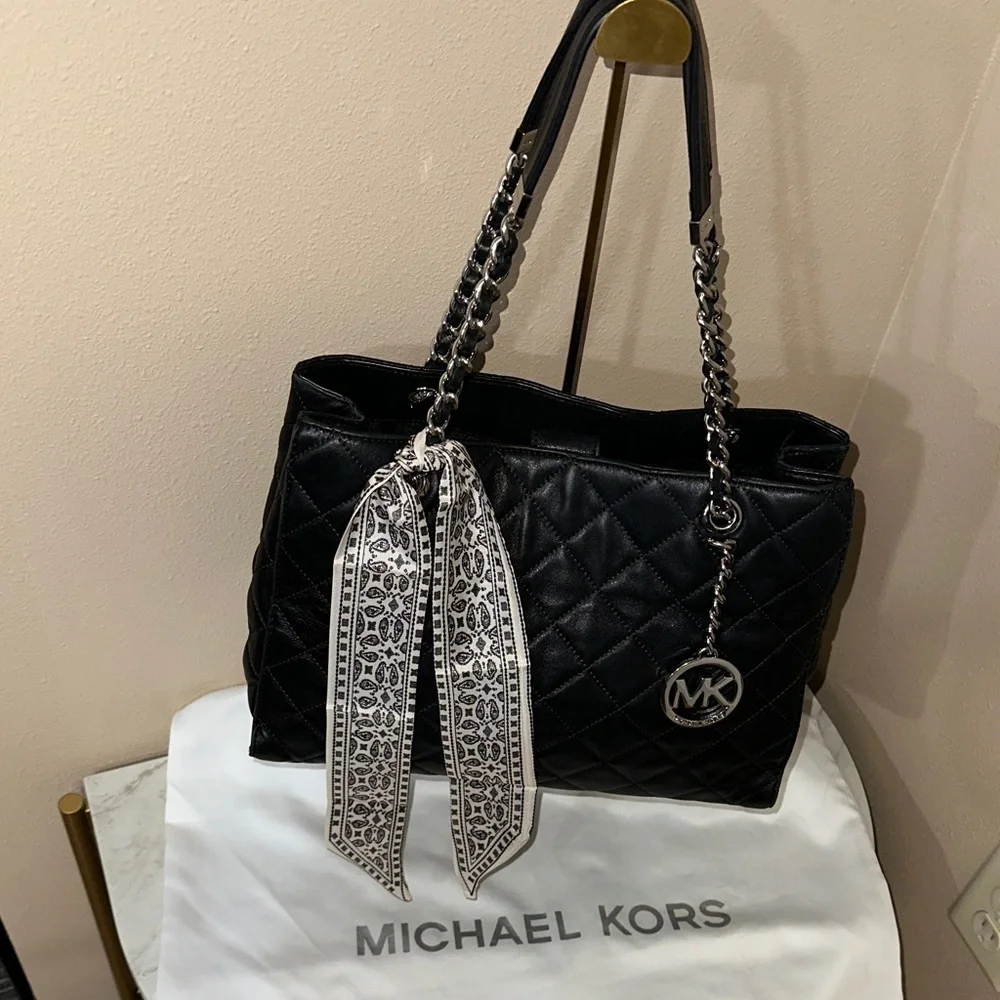 Michael Kors Black Quilted Shoulder Bag With Dust Bag & Scarf